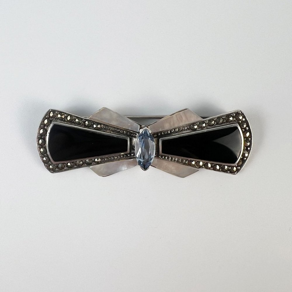 Vintage Sterling Silver Onyx Marcasite Blue Topaz Mother of Pearl Bow Pin Brooch